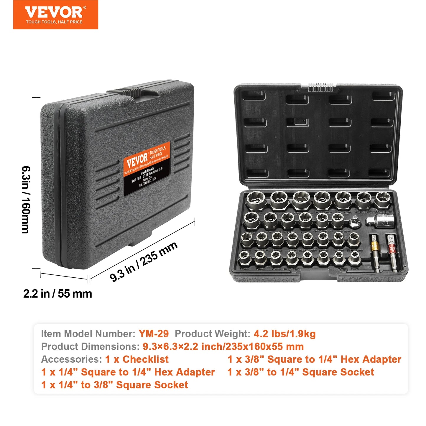 VEVOR 29PCs Bolt Extractor Set Bolt and Nut Remover Set 6mm to 10mm 13/32" to 3/4" CR-MO Steel Extraction Socket Set with Case