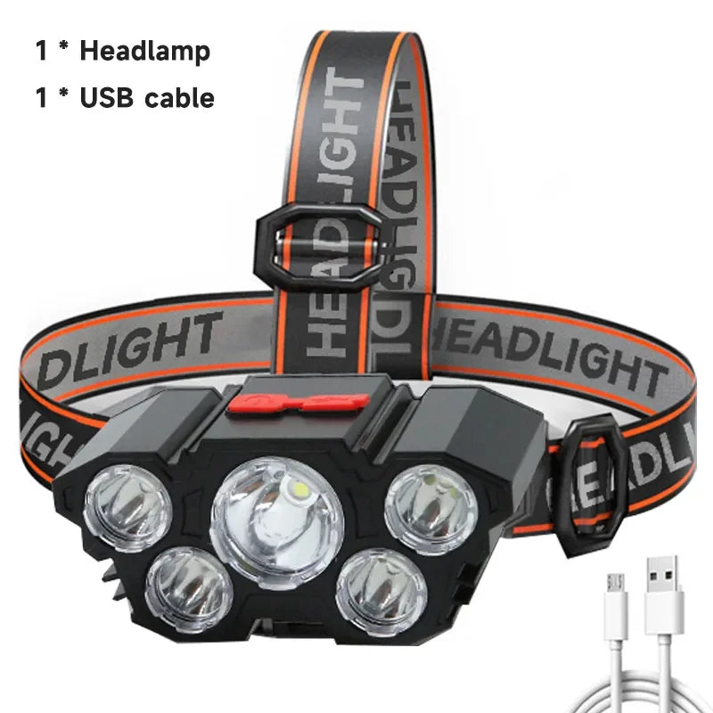 Linterna frontal de 5 LED recargable con batería incorporada, luz potente, para acampar, aventuras, pesca, linterna frontal