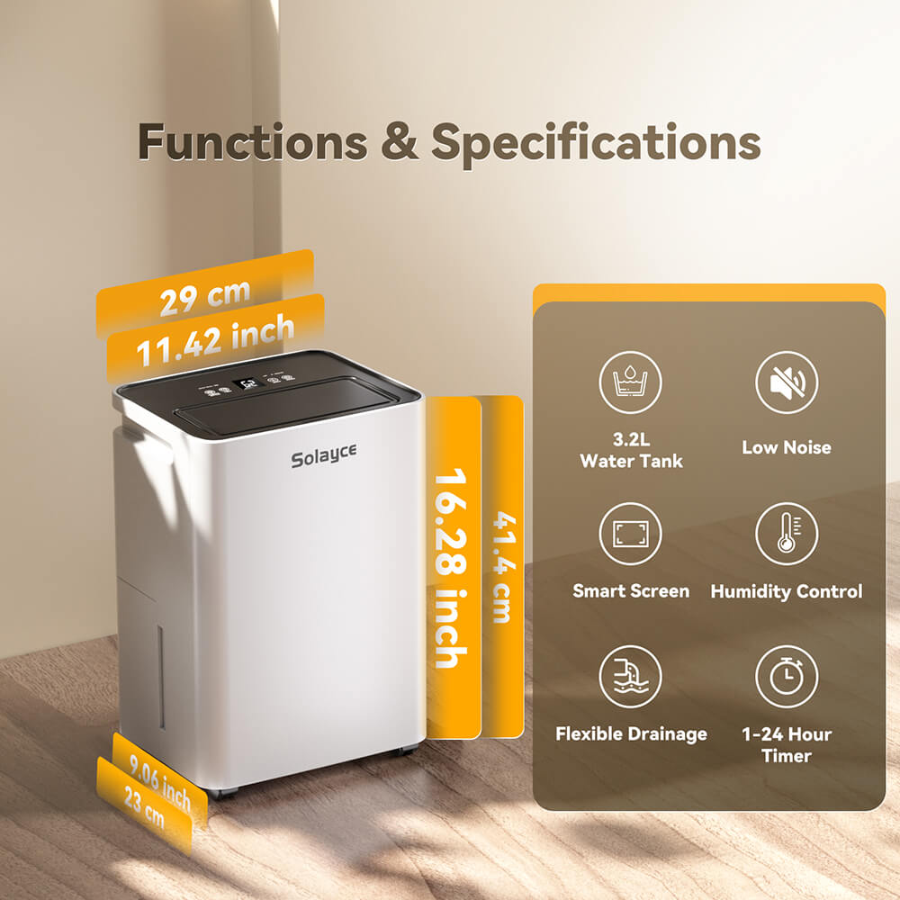 Solayce PD16R-02EE Dehumidifier 16L/24h, 3.2L Large Water Tank, Digital Humidity Display, Coverage Area 50㎡(538 sq. ft), 24H Timer, Ideal for Laundry Drying, Bedroom, Basement, Garage & Kitchen