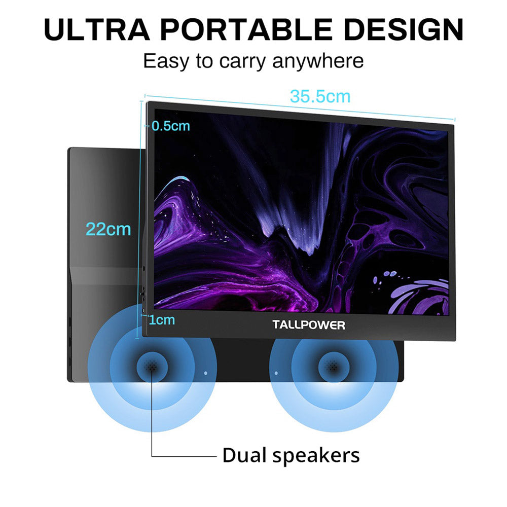 TALLPOWER JH01 15.6-inch Portable Monitor, 1920 x 1080 2K Full HD Display, 60Hz Refresh Rate, 100% sRGB, 178° Viewing Angle, 2*Type-C 3.1, 1*HDMI