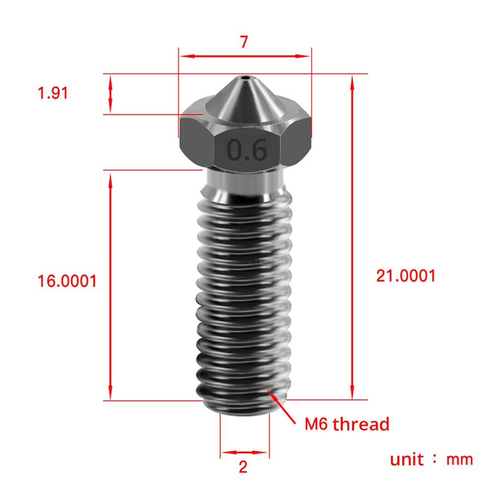TWO TREES 0.6mm Hardened Steel Volcano Nozzle with M6 Thread