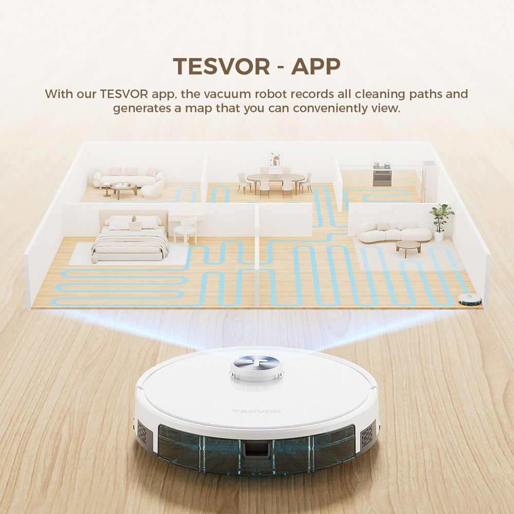 Tesvor S7 Pro AES Robot Vacuum Cleaner with Automatic Empty Station, Mopping Function, 6000Pa Suction, Laser Navigation, 600ml Dustbin, 2.8L Dust Bag, 180Mins Runtime, App Control / Remote Control - White
