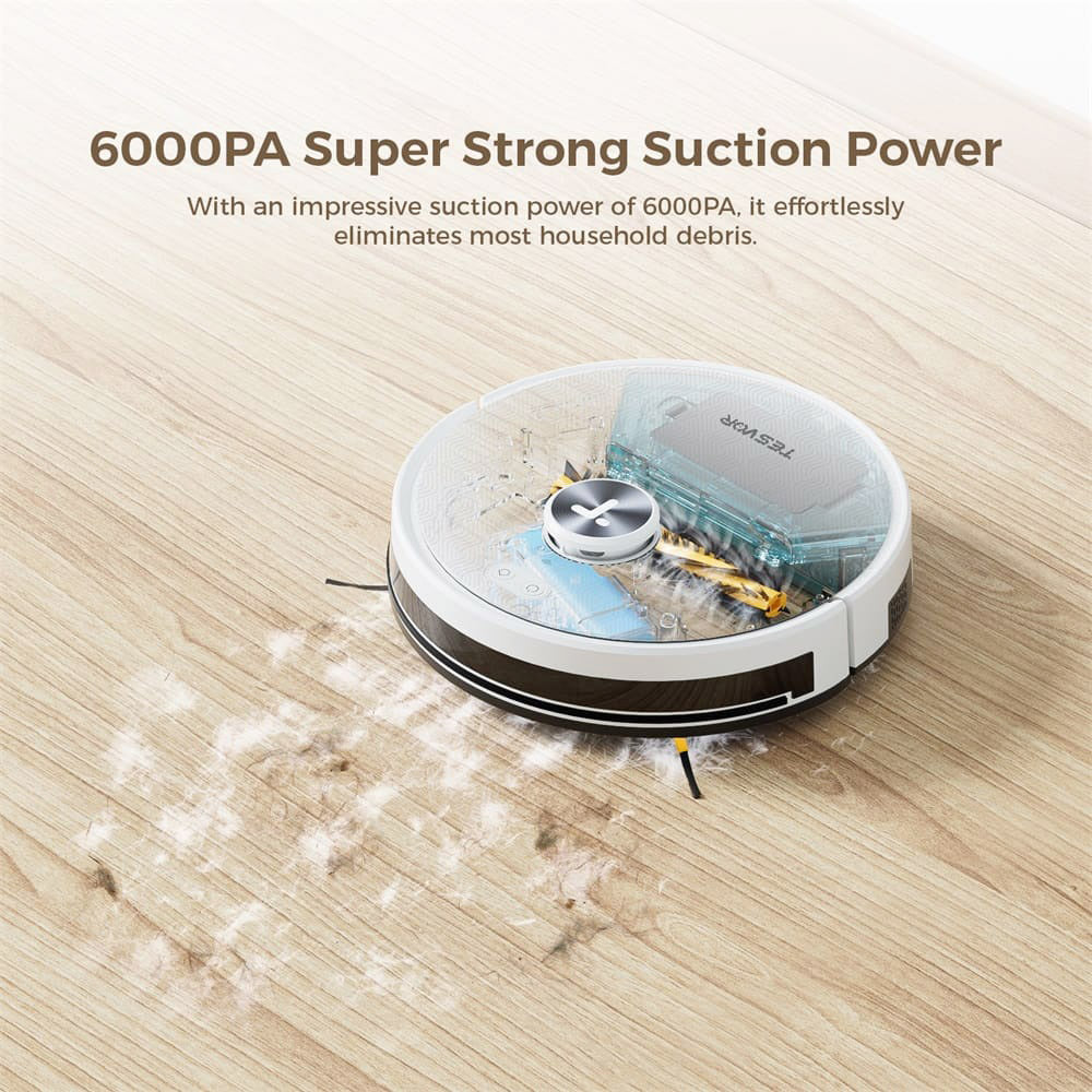 Tesvor S7 Pro AES Robot Vacuum Cleaner with Automatic Empty Station, Mopping Function, 6000Pa Suction, Laser Navigation, 600ml Dustbin, 2.8L Dust Bag, 180Mins Runtime, App Control / Remote Control - White
