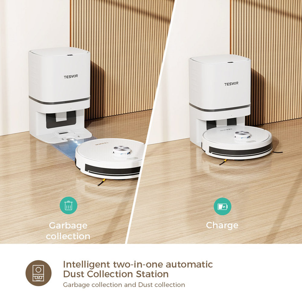 Tesvor S7 Pro AES Robot Vacuum Cleaner with Automatic Empty Station, Mopping Function, 6000Pa Suction, Laser Navigation, 600ml Dustbin, 2.8L Dust Bag, 180Mins Runtime, App Control / Remote Control - White