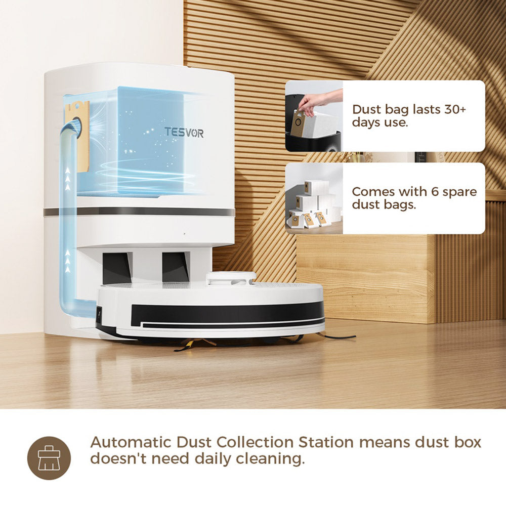 Tesvor S7 Pro AES Robot Vacuum Cleaner with Automatic Empty Station, Mopping Function, 6000Pa Suction, Laser Navigation, 600ml Dustbin, 2.8L Dust Bag, 180Mins Runtime, App Control / Remote Control - White