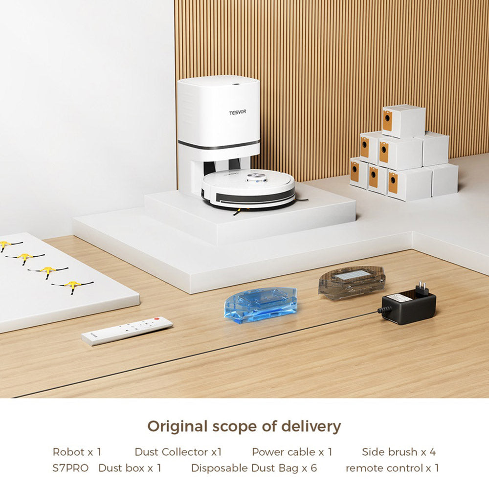 Tesvor S7 Pro AES Robot Vacuum Cleaner with Automatic Empty Station, Mopping Function, 6000Pa Suction, Laser Navigation, 600ml Dustbin, 2.8L Dust Bag, 180Mins Runtime, App Control / Remote Control - White