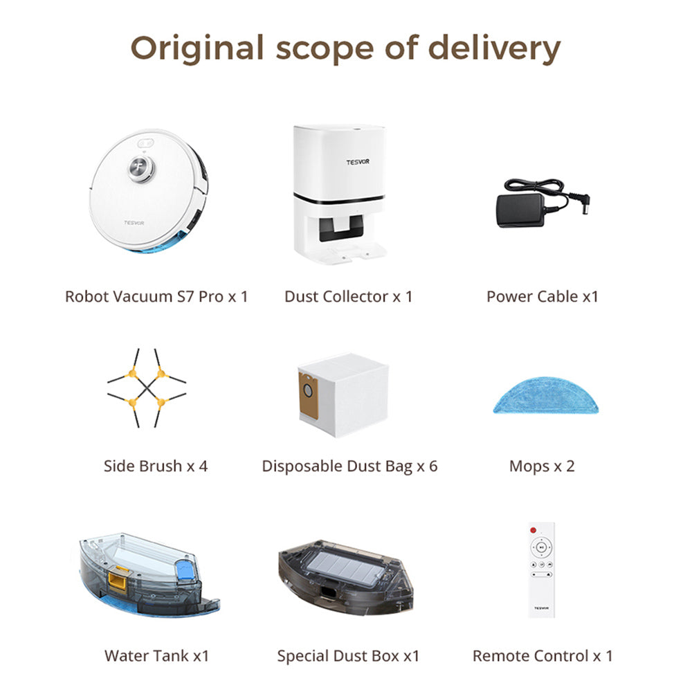 Tesvor S7 Pro AES Robot Vacuum Cleaner with Automatic Empty Station, Mopping Function, 6000Pa Suction, Laser Navigation, 600ml Dustbin, 2.8L Dust Bag, 180Mins Runtime, App Control / Remote Control - White