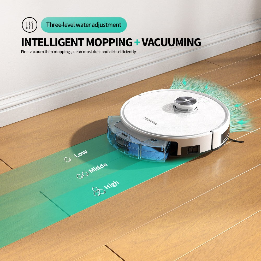 Tesvor S7 Pro Robot Vacuum Cleaner with Mop Function, 6000Pa Suction, Laser Navigation, 600ml Dustbin, 180Mins Runtime, 150sqm Max Vacuuming Area, App Control / Remote Control - White