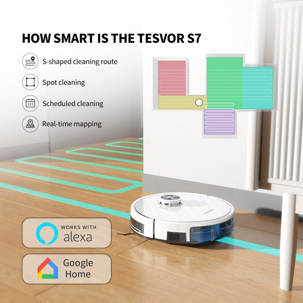 Tesvor S7 Pro Robot Vacuum Cleaner with Mop Function, 6000Pa Suction, Laser Navigation, 600ml Dustbin, 180Mins Runtime, 150sqm Max Vacuuming Area, App Control / Remote Control - White