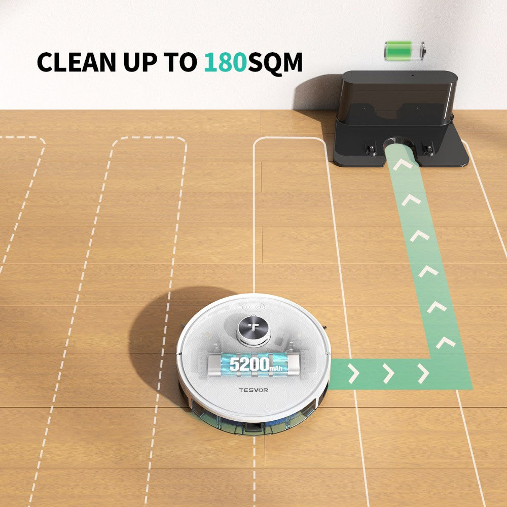 Tesvor S7 Pro Robot Vacuum Cleaner with Mop Function, 6000Pa Suction, Laser Navigation, 600ml Dustbin, 180Mins Runtime, 150sqm Max Vacuuming Area, App Control / Remote Control - White