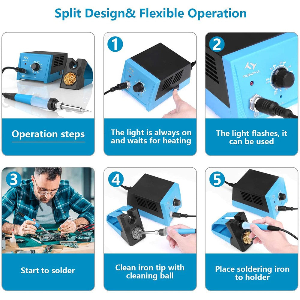 Tilswall RJ969 65W Soldering Iron Station, 5 Iron Tips, Smart Temperature Control (392°F-896°F), Anti-static, ESD Safe