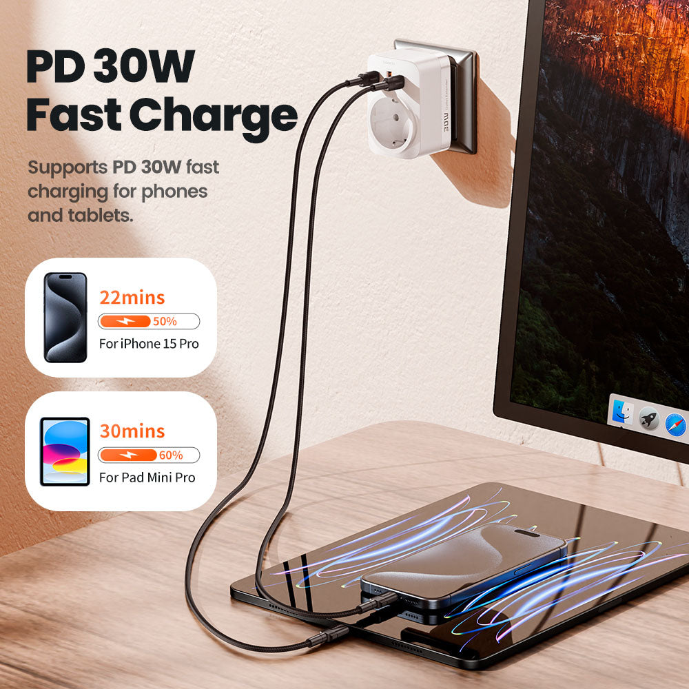 Toocki TCT30-X0Z8 PD30W Outlet Extender, Triple Port Fast Charging, 3680W AC Outlet, GaN Technology, Black
