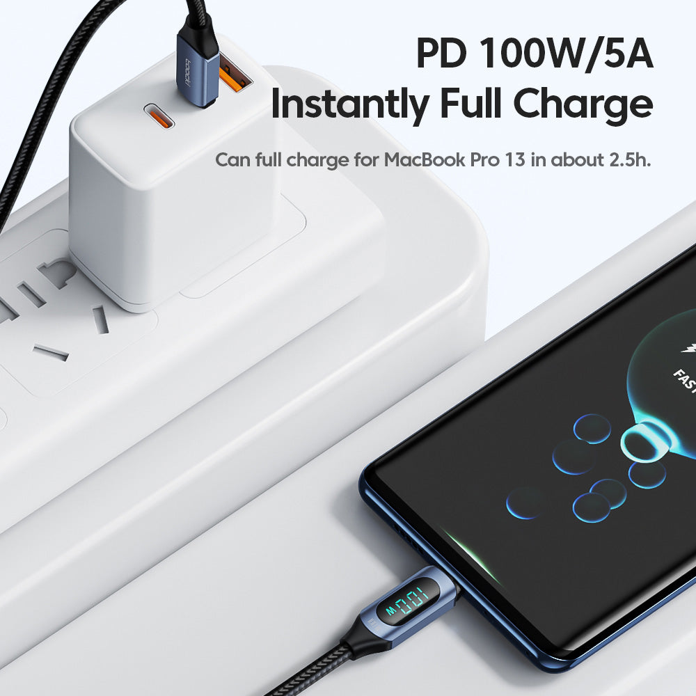 Toocki TXCTT1-XY01 PD 100W Fast Charging Cable, 5A, Smart Digital Display, E-Marker Chip, 480Mbps Data Transfer, Braided Nylon, Blue - 1m