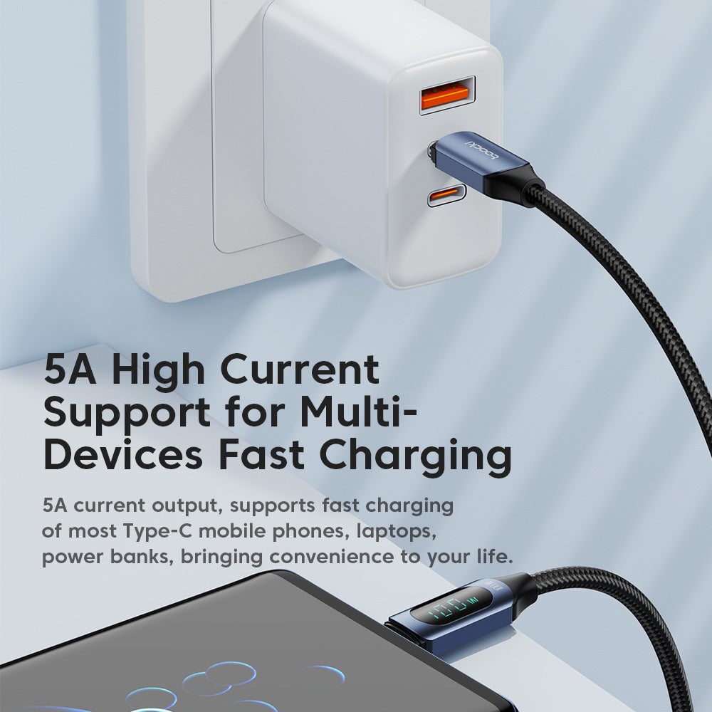 Toocki TXCTT1-XY01 PD 100W Fast Charging Cable, 5A, Smart Digital Display, E-Marker Chip, 480Mbps Data Transfer, Braided Nylon, Blue - 1m
