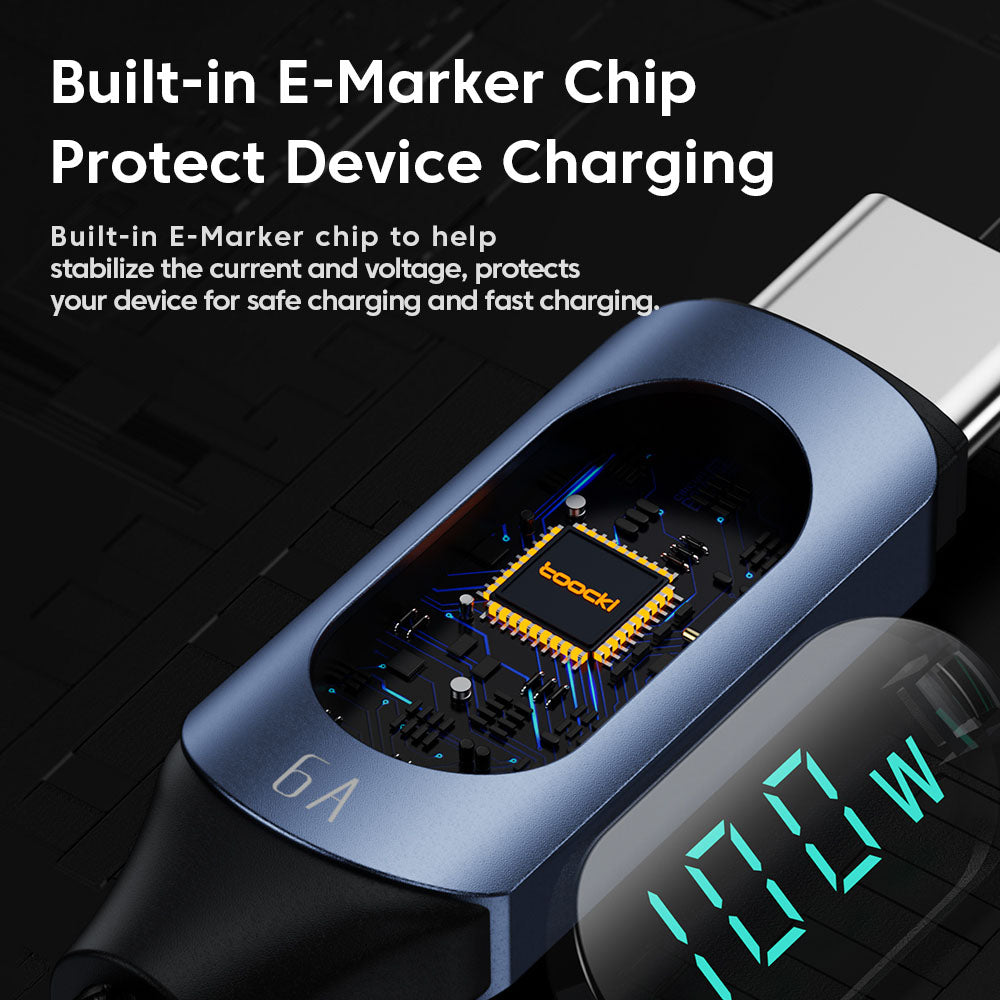 Toocki TXCTT1-XY01 PD 100W Fast Charging Cable, 5A, Smart Digital Display, E-Marker Chip, 480Mbps Data Transfer, Braided Nylon, Blue - 1m