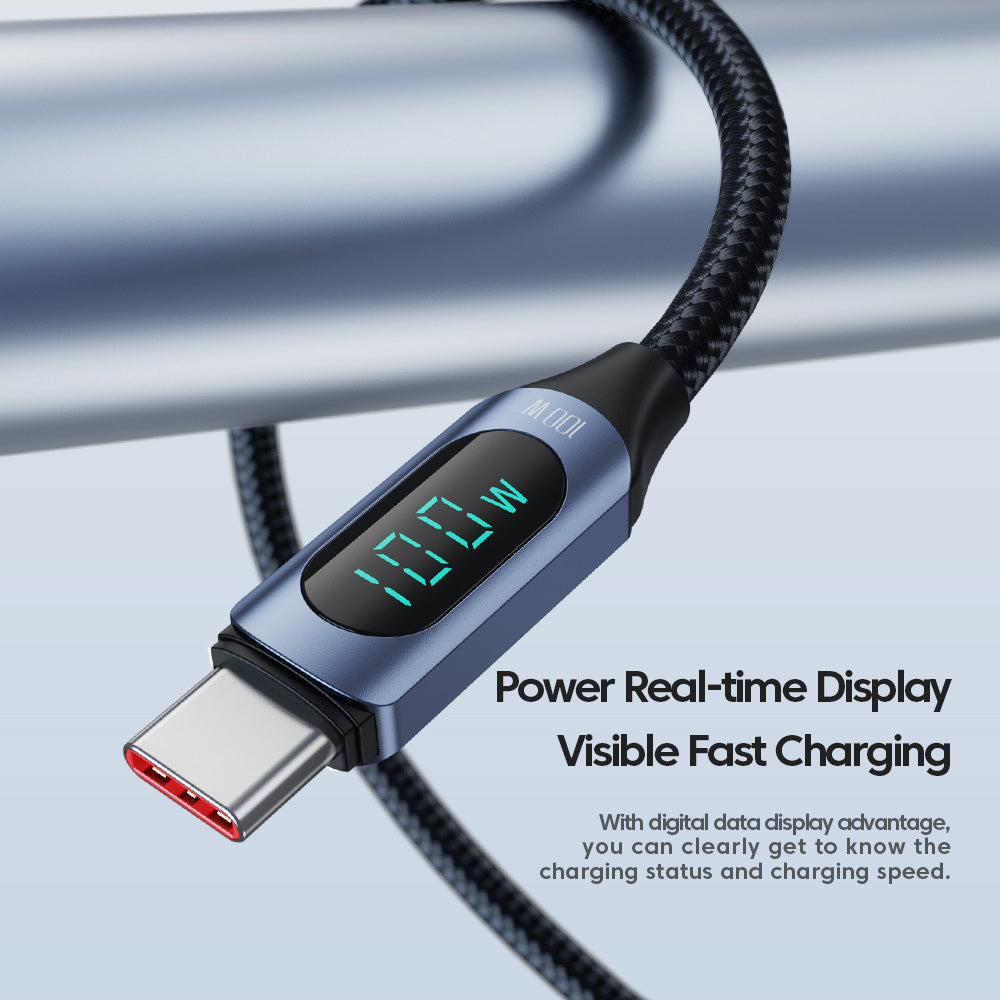 Toocki TXCTT1-XY01 PD 100W Fast Charging Cable, 5A, Smart Digital Display, E-Marker Chip, 480Mbps Data Transfer, Braided Nylon, Blue - 1m