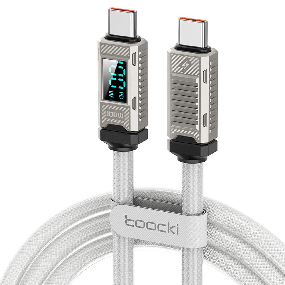 Toocki TXCTT1-ZFZA01 100W Fast Charging Cable, LED Display, Braided Zinc Alloy, 480Mbps Data Transfer, White - 1m