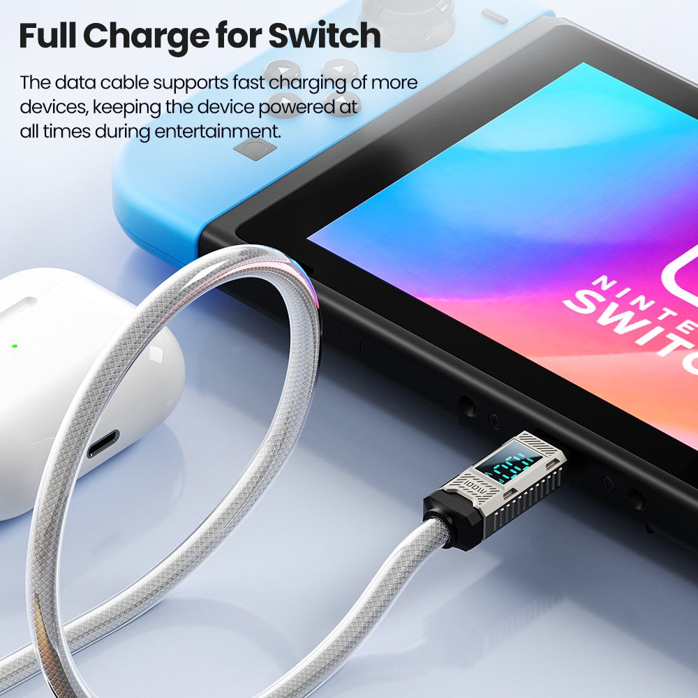 Toocki TXCTT1-ZFZA01 100W Fast Charging Cable, LED Display, Braided Zinc Alloy, 480Mbps Data Transfer, White - 1m