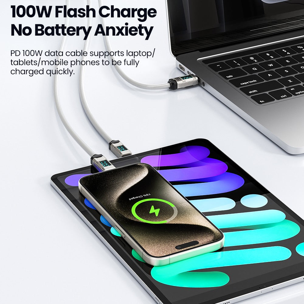 Toocki TXCTT1-ZFZA01 100W Fast Charging Cable, LED Display, Braided Zinc Alloy, 480Mbps Data Transfer, White - 1m