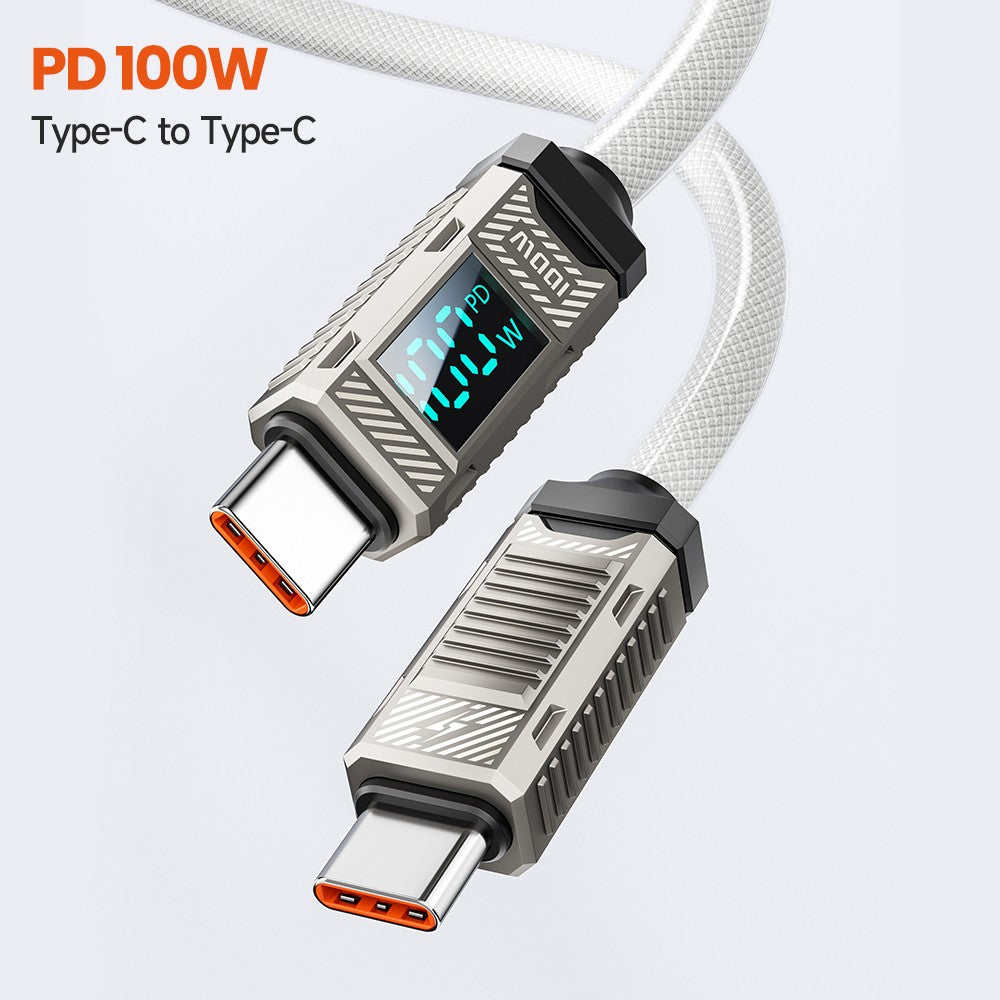 Toocki TXCTT1-ZFZA01 100W Fast Charging Cable, LED Display, Braided Zinc Alloy, 480Mbps Data Transfer, White - 1m