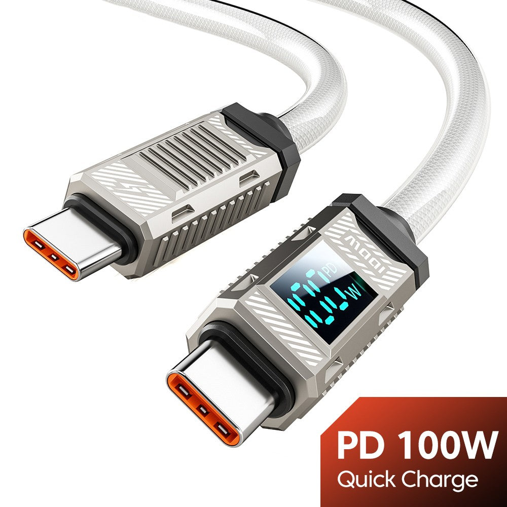 Toocki TXCTT1-ZFZA01 100W Fast Charging Cable, LED Display, Braided Zinc Alloy, 480Mbps Data Transfer, White - 1m