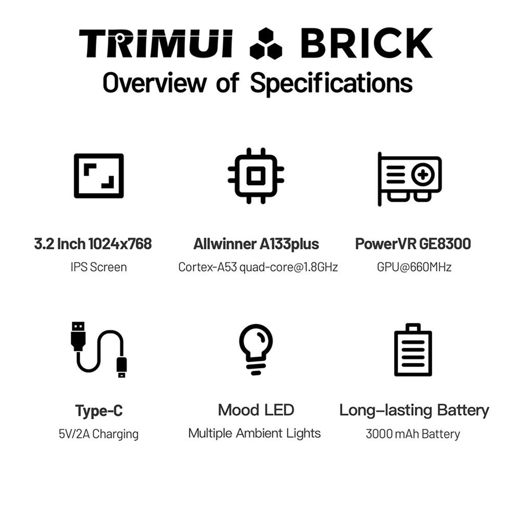 Trimui Brick Handheld Game Console, 256GB TF Card, 3.2-inch 1024*768 IPS Screen, 8GB eMMC Storage, 5 Hours Battery Life, Type-C Fast Charging - Black
