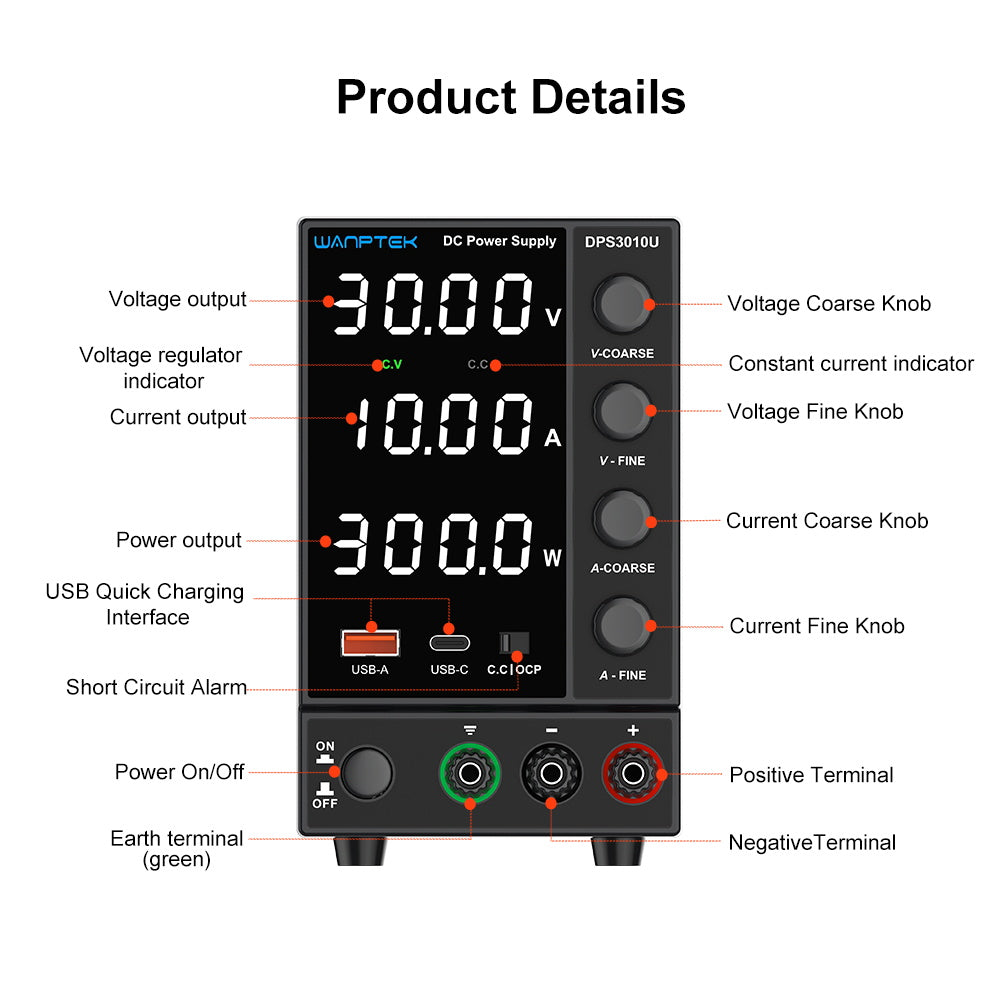 WANPTEK DPS3010U Solid-state Adjustable Regulated DC Power Supply, 30V 10A, Encoder Adjustment, USB Type-C Fast Charge, 4-Digit Display, Low Ripple, Low Noise, Cooling Fan Black - UK Plug