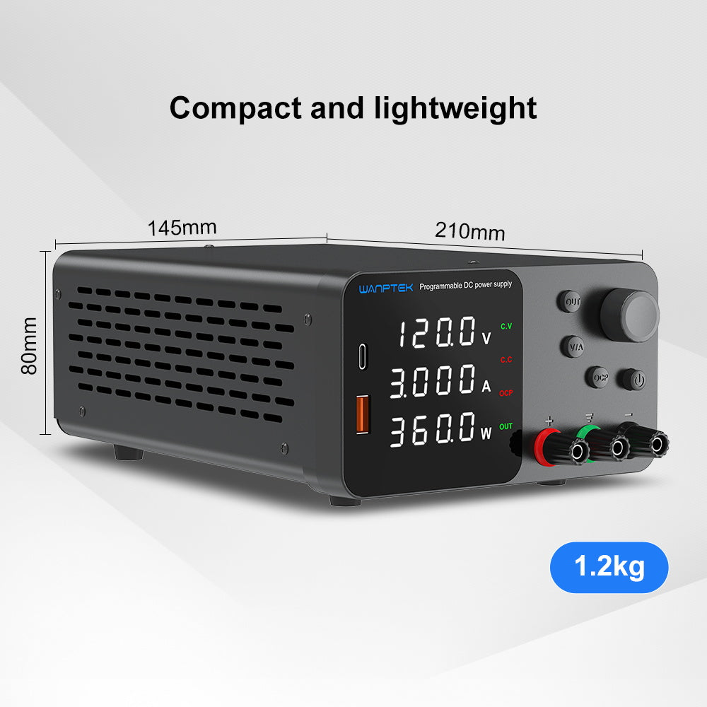 WANPTEK TPS1203 Adjustable Regulated DC Power Supply, 120V 3A, Encoder Adjustment, USB Type-C Fast Charging, 4-Digit Display, Low Noise, A/V Switching, Cooling Fan Black - EU Plug