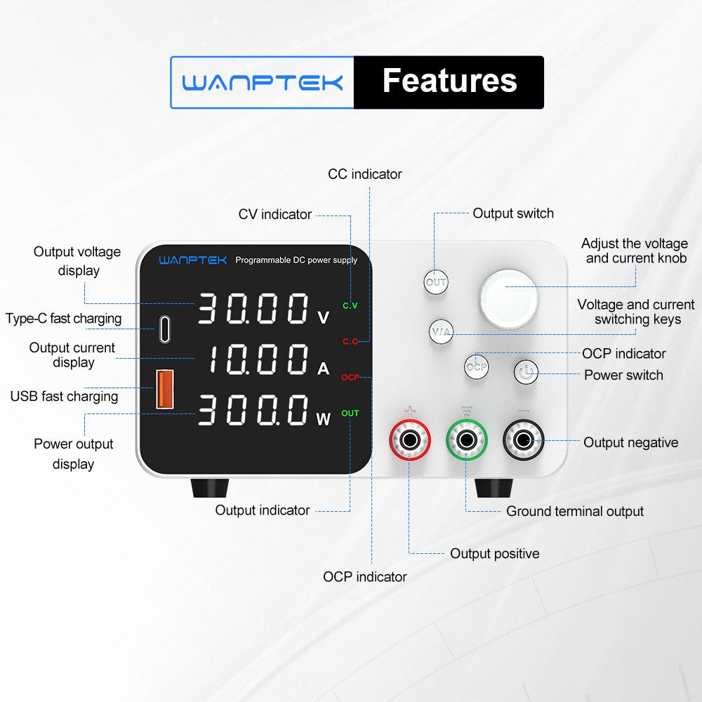 WANPTEK TPS3010 Adjustable Regulated DC Power Supply, 30V 10A, Encoder Adjustment, USB Type-C Fast Charge, 4-Digit Display, Low Noise, A/V Switching, Cooling Fan White - UK Plug