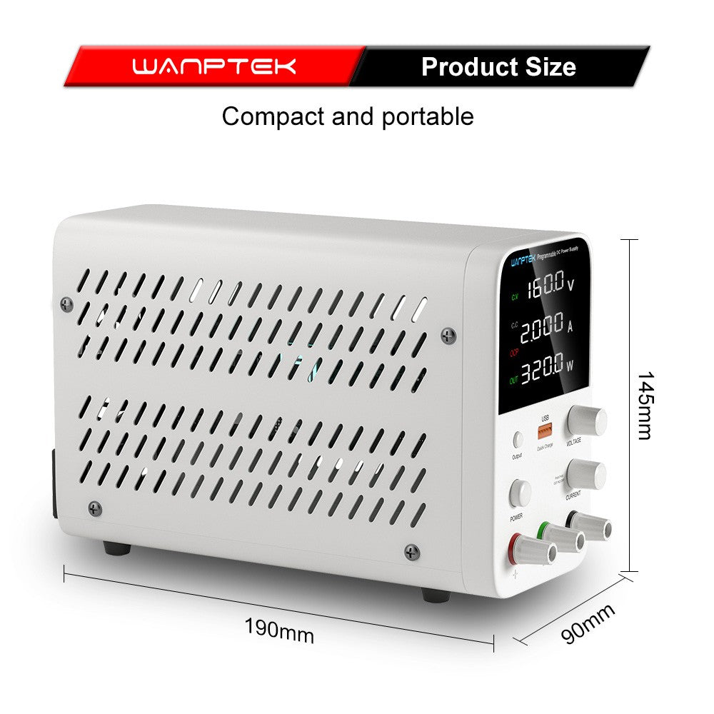 WANPTEK WPS1602 Programmable Regulated DC Power Supply, 160V 2A, Encoder Adjustment, USB Fast Charge, Intelligent Temperature Control, 4-Digit Display, Low Ripple, Low Noise White - UK Plug