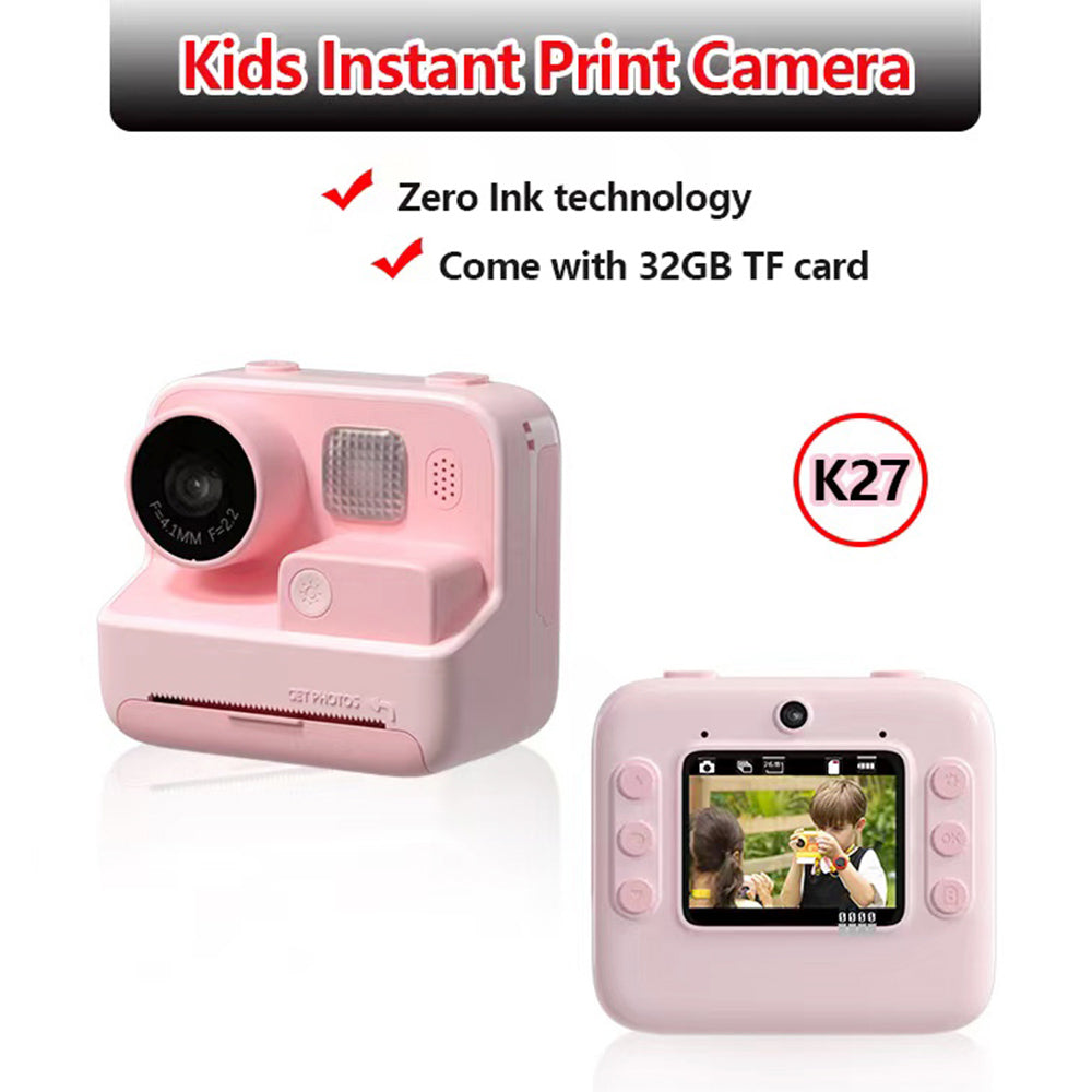 WOWKIDS K27 Kids Instant Print Camera, 48MP Front & Rear Dual Cameras, 1080P Resolution, 4 Filters, 32GB TF Card, 1400mAh Battery - Pink