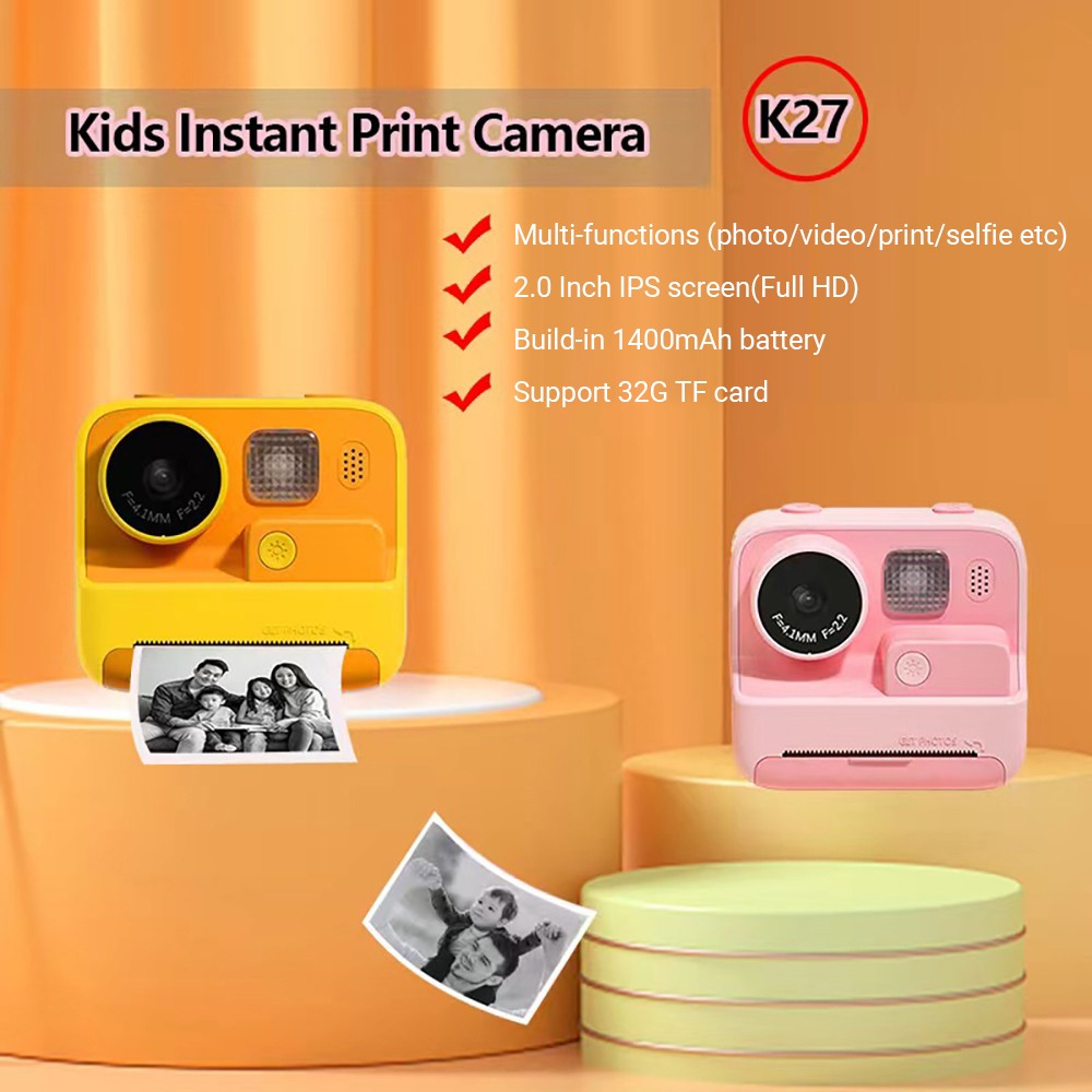 WOWKIDS K27 Kids Instant Print Camera, 48MP Front & Rear Dual Cameras, 1080P Resolution, 4 Filters, 32GB TF Card, 1400mAh Battery - Pink