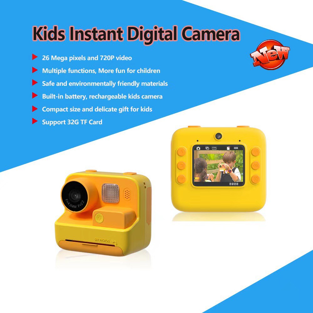 WOWKIDS K27 Kids Instant Print Camera, 48MP Front & Rear Dual Cameras, 1080P Resolution, 4 Filters, 32GB TF Card, 1400mAh Battery - Pink