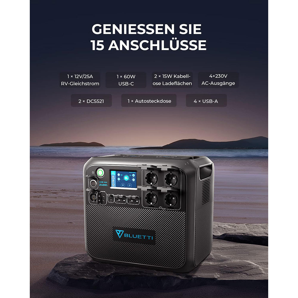 BLUETTI AC200MAX 2200W Portable Power Station, 2048Wh LiFePO4 Battery Solar Generator, with 4 2200W AC Sockets (4800W Peak), Expandable to 8192Wh, Pure Sine Wave, 30A RV Output, Power Storage Emergency Generator for Outdoor, App Control - EU Plug