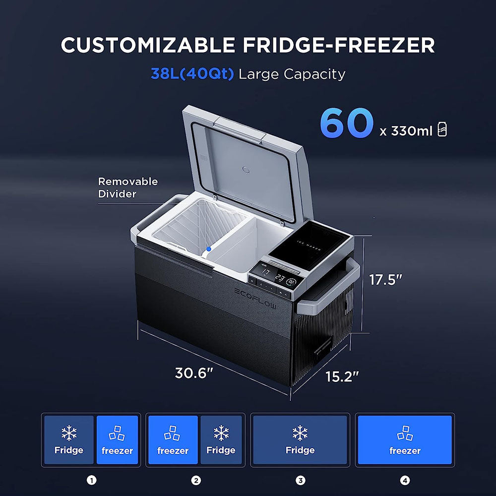 EcoFlow GLACIER Portable Refrigerator, 120W Compressor, Dual Zone, Dual Control, 38L Large Capacity, Up to 40 Hours Cooling Time, Smart App Control