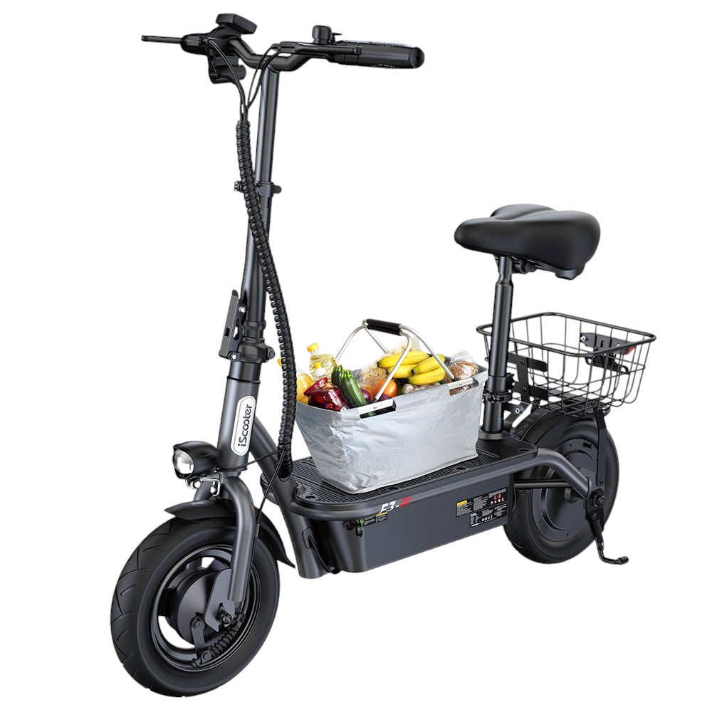 iScooter F3 Electric Scooter with Seat & Rear Basket, 1000W Motor, 48V 13Ah Battery, 10 inch Pneumatic Tire, 45km/h Max Speed, 60km Range, Front & Rear Drum Brake, 120kg Max Load