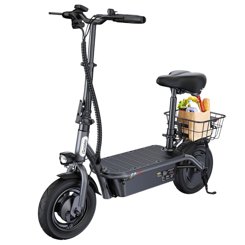 iScooter F3 Electric Scooter with Seat & Rear Basket, 1000W Motor, 48V 13Ah Battery, 10 inch Pneumatic Tire, 45km/h Max Speed, 60km Range, Front & Rear Drum Brake, 120kg Max Load