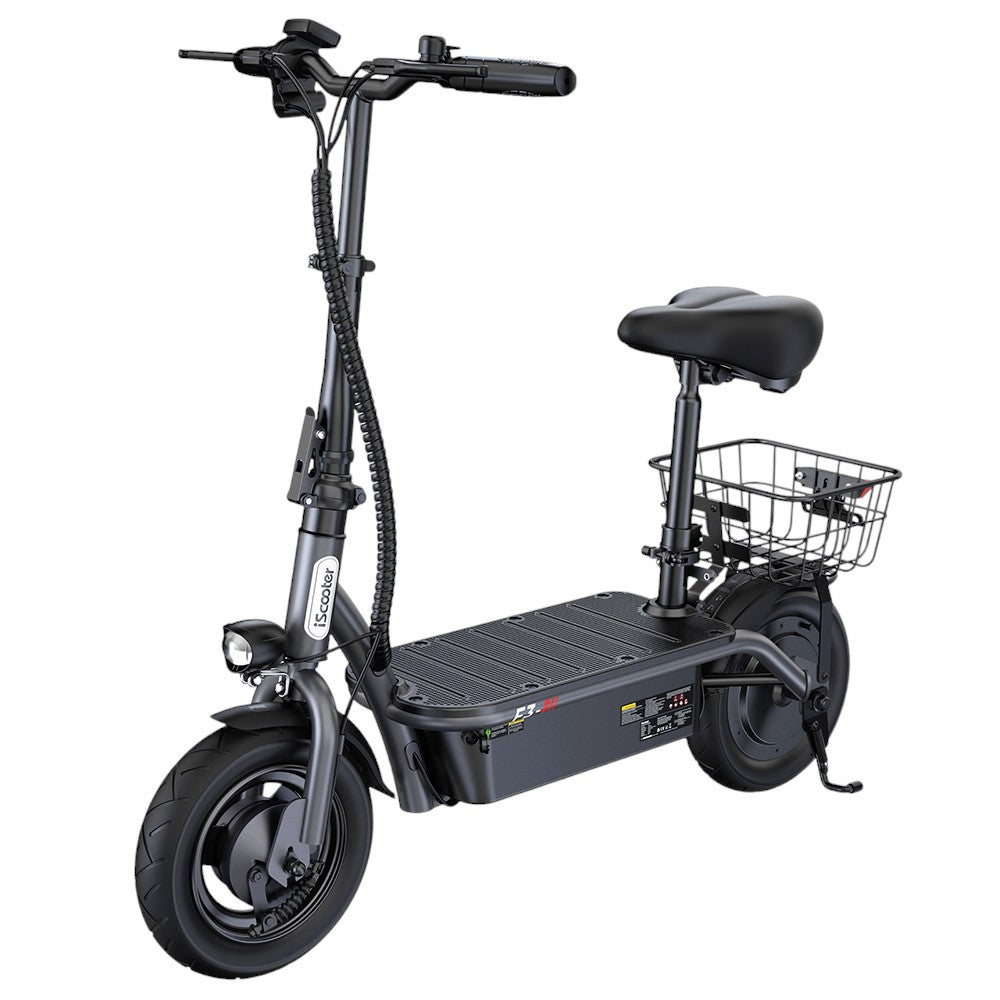iScooter F3 Electric Scooter with Seat & Rear Basket, 1000W Motor, 48V 13Ah Battery, 10 inch Pneumatic Tire, 45km/h Max Speed, 60km Range, Front & Rear Drum Brake, 120kg Max Load