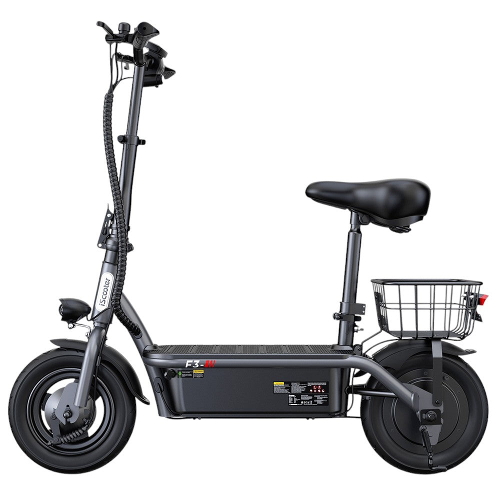 iScooter F3 Electric Scooter with Seat & Rear Basket, 1000W Motor, 48V 13Ah Battery, 10 inch Pneumatic Tire, 45km/h Max Speed, 60km Range, Front & Rear Drum Brake, 120kg Max Load