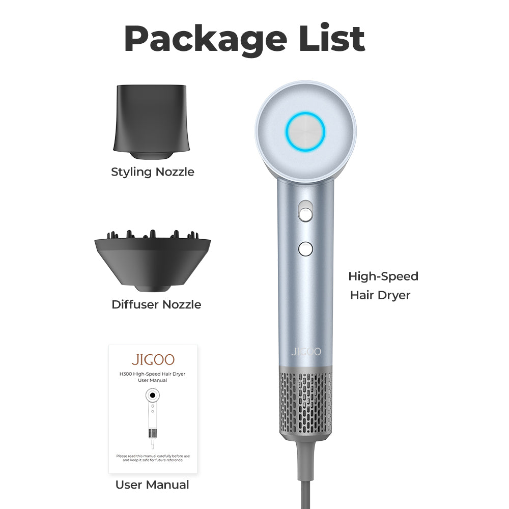 JIGOO H300 1600W High-Speed Professional Hair Dryer, 200 Million Negative Ions, 2 Speed Levels and 4 Heat Settings, 110000rpm Brushless Motor, Low Noise, 3-Color Light Ring With 2 Nozzles For Home/Salon/Travel
