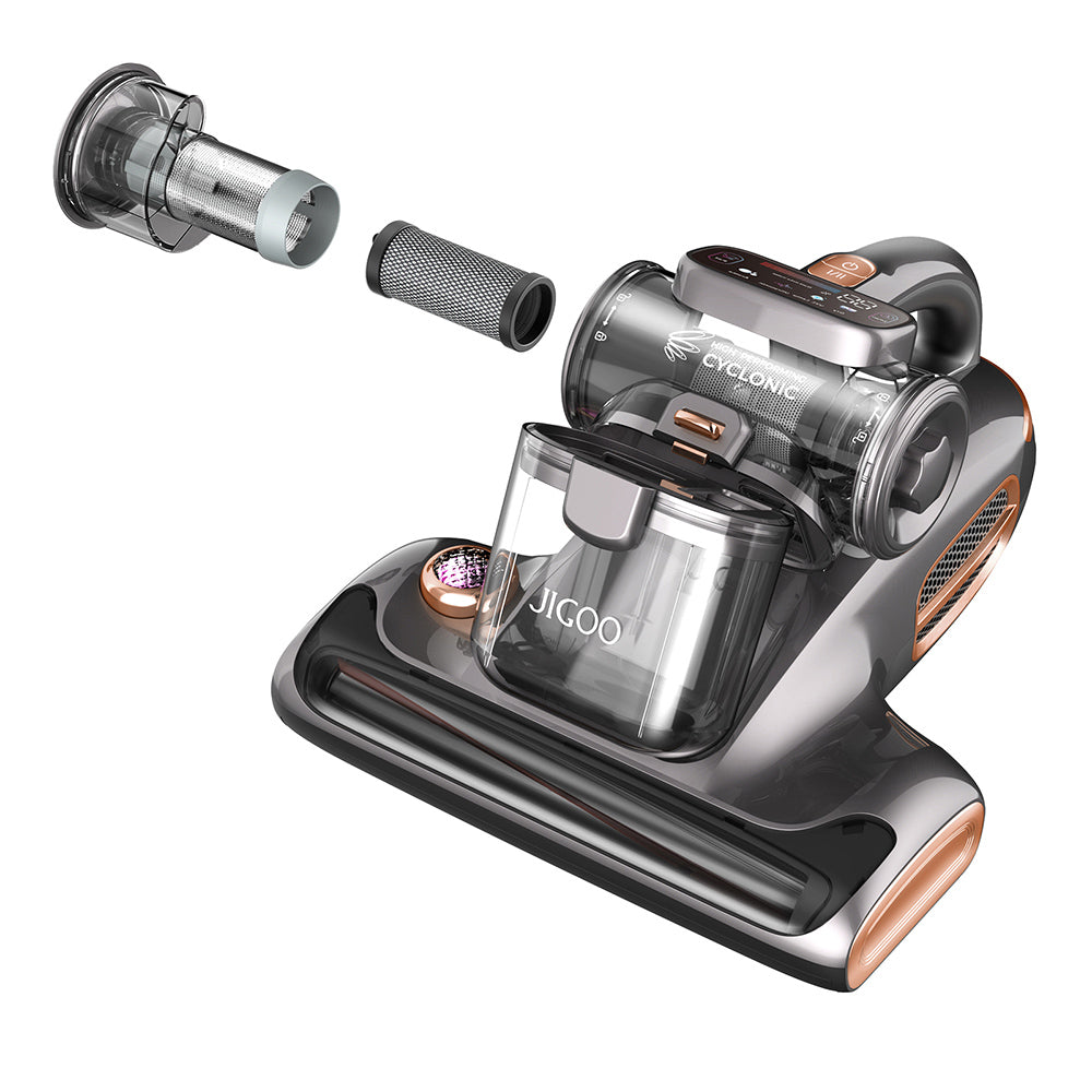 JIGOO T600 Dual-Cup Smart Bed Vacuum Cleaner for Mattress with UV Light, 700W 15KPa Suction, Ultrasonic Tech, 99.99% Mites Removal, Handheld Vacuum Cleaner for Bed, Sofa - Grey