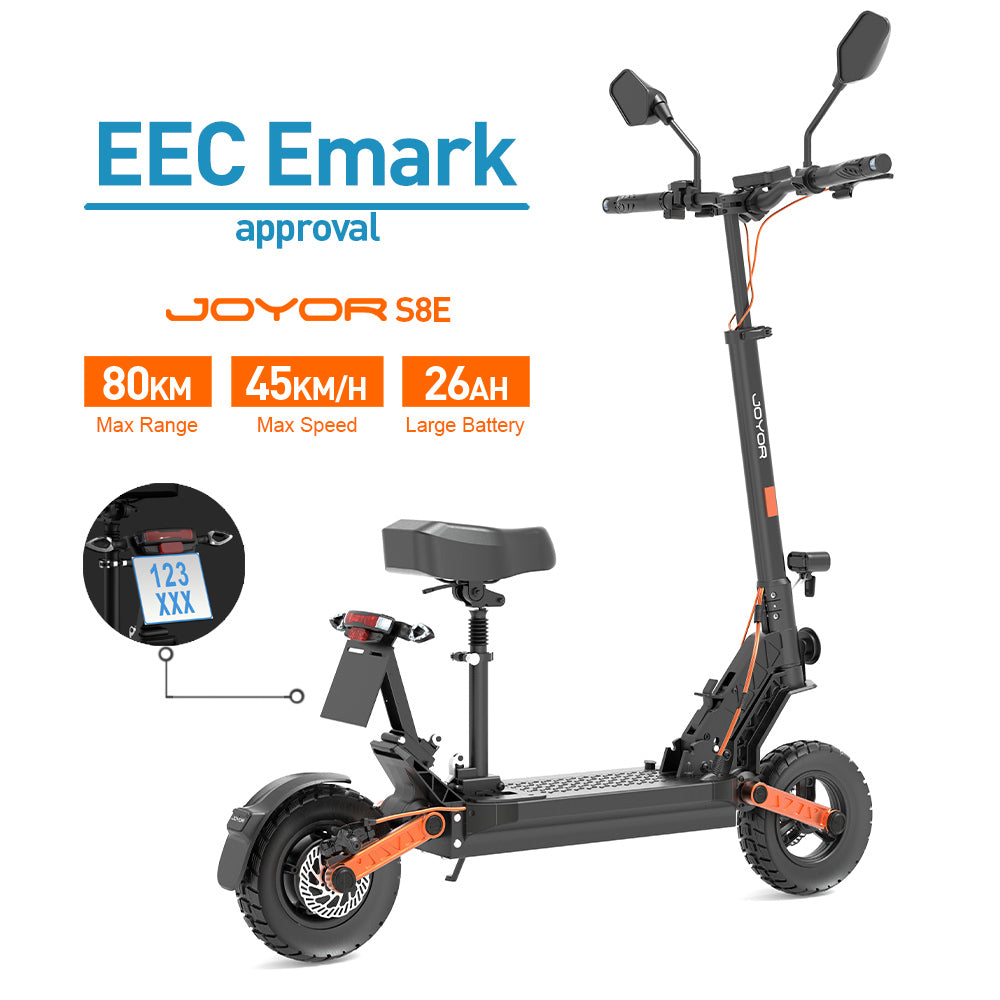 JOYOR S8E Electric Scooter EEC EMark Certified Max 80km Range 800W Motor 48V 26Ah Long-Lasting Battery 10 Inch widen tire 45km/h Max Speed Front & Rear Disc Brake Front & Rear Shock Absorber NFC Integrated display Removable seat