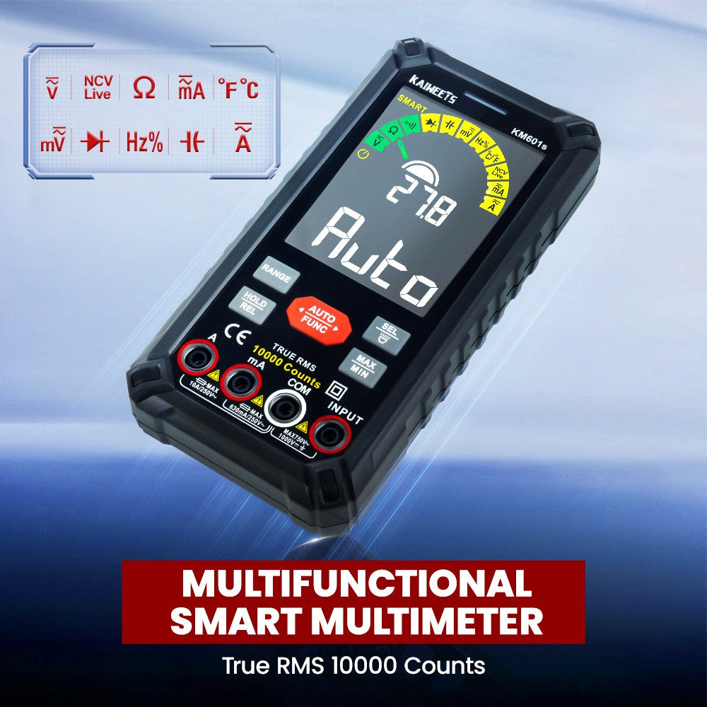 KAIWEETS KM601S Digital Multimeter 10000 Counts True-RMS Meter Smart Mode Manual Mode Rechargeable Battery Flashlight Auto-Lock - Black