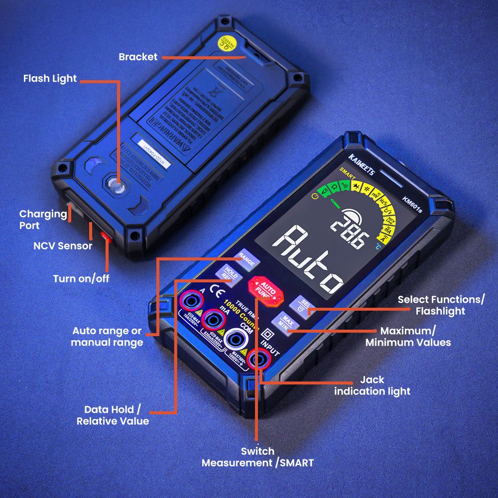 KAIWEETS KM601S Digital Multimeter 10000 Counts True-RMS Meter Smart Mode Manual Mode Rechargeable Battery Flashlight Auto-Lock - Black