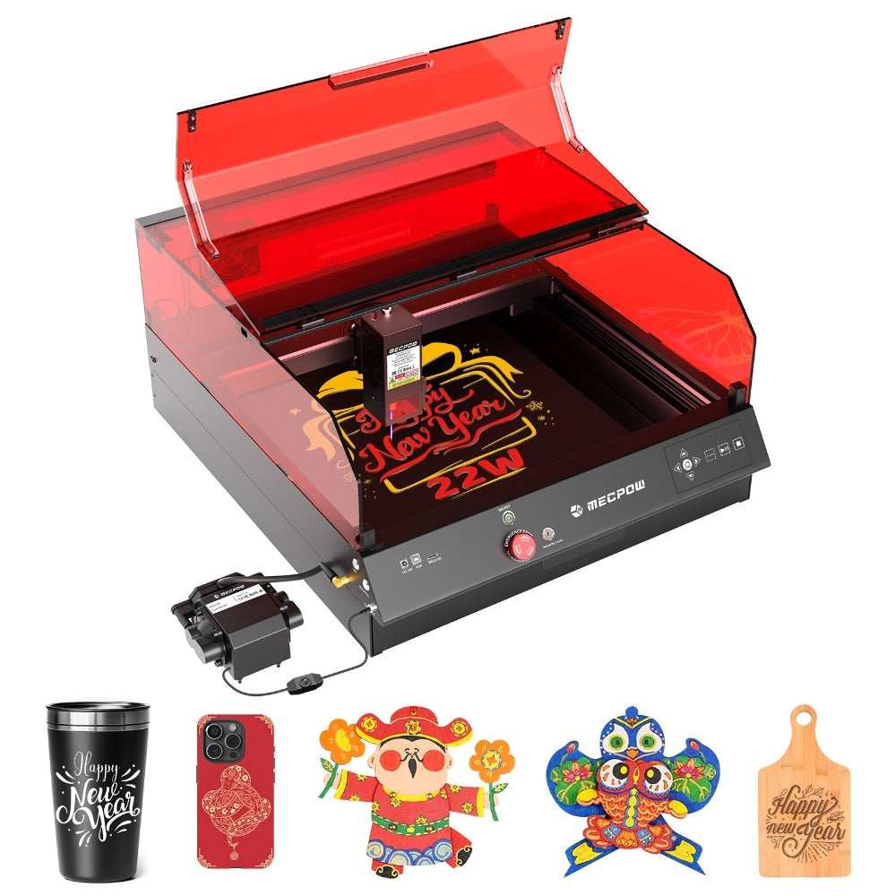 Mecpow X4 Pro 22W FDA Class 1 Laser Engraving Machine, Built-in Camera, 22000mm/min Speed, 0.08x0.1mm Laser Spot, Emergency Stop, Offline Work, Protective Cover & Integrated Air Assist, Support LightBurn/ LaserGRBL/ MKSLaser, 410*400mm