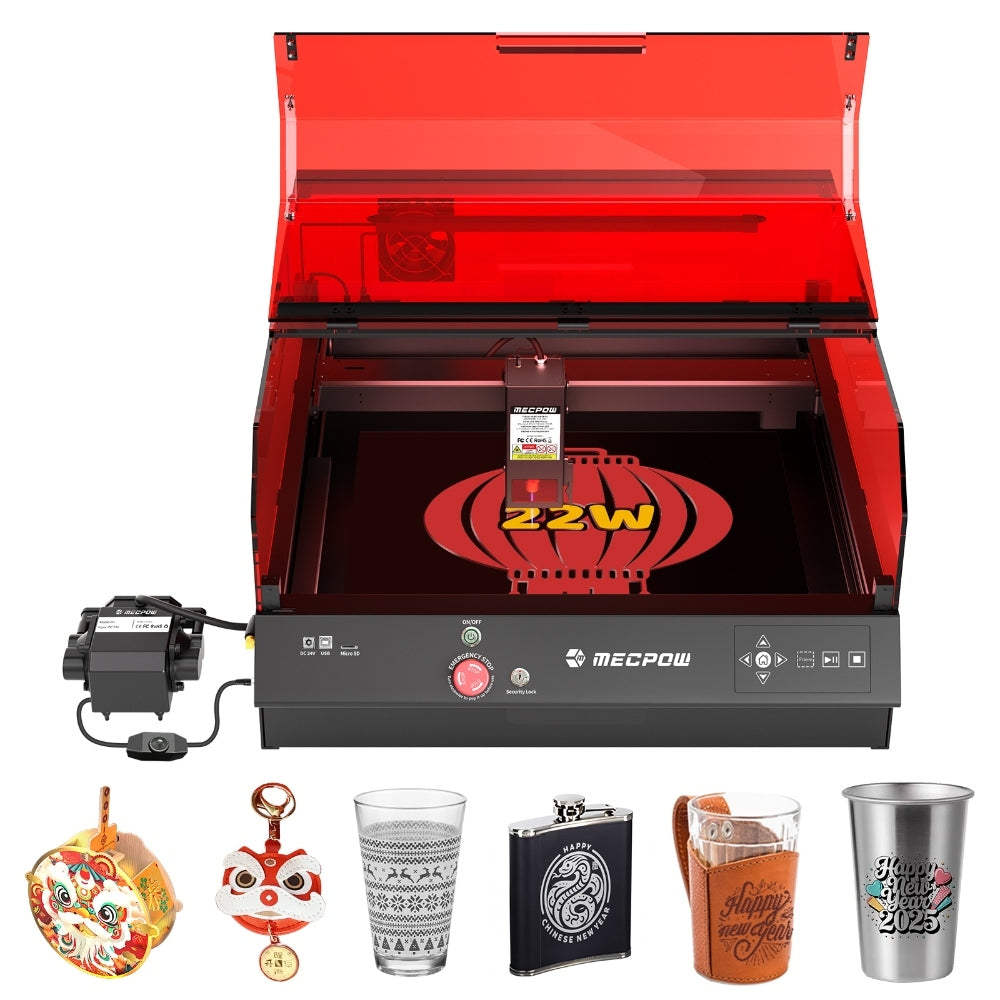 Mecpow X4 Pro 22W FDA Class 1 Laser Engraving Machine, Built-in Camera, 22000mm/min Speed, 0.08x0.1mm Laser Spot, Emergency Stop, Offline Work, Protective Cover & Integrated Air Assist, Support LightBurn/ LaserGRBL/ MKSLaser, 410*400mm