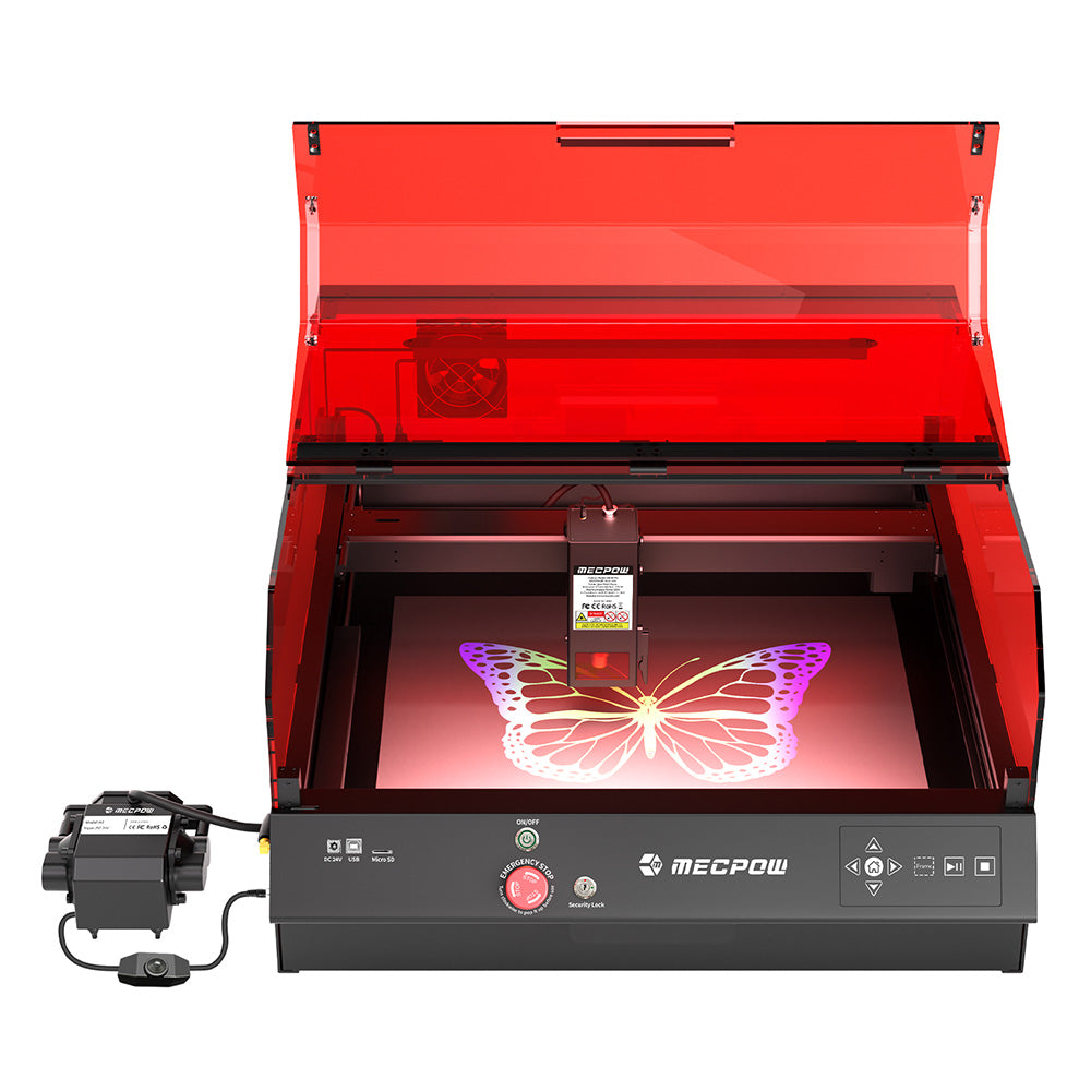 Mecpow X4 Pro 22W FDA Class 1 Laser Engraving Machine, Built-in Camera, 22000mm/min Speed, 0.08x0.1mm Laser Spot, Emergency Stop, Offline Work, Protective Cover & Integrated Air Assist, Support LightBurn/ LaserGRBL/ MKSLaser, 410*400mm