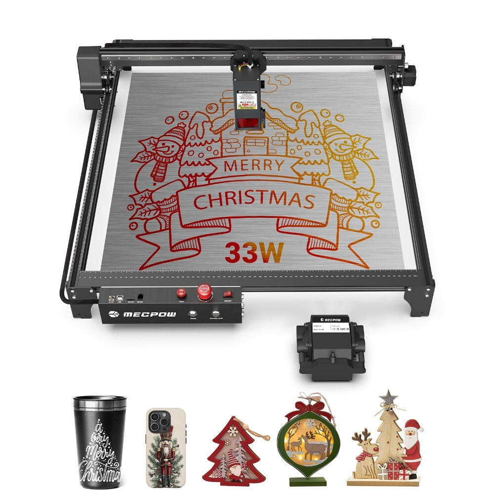 Mecpow X5 Pro Laser Engraver Cutter, 33W Laser Power, Auto Air Assist, 0.08x0.1mm Laser Spot, 28000mm/min Engraving Speed, Safety Lock, Emergency Stop, Flame Detection, Offline Engraving, 600x600mm