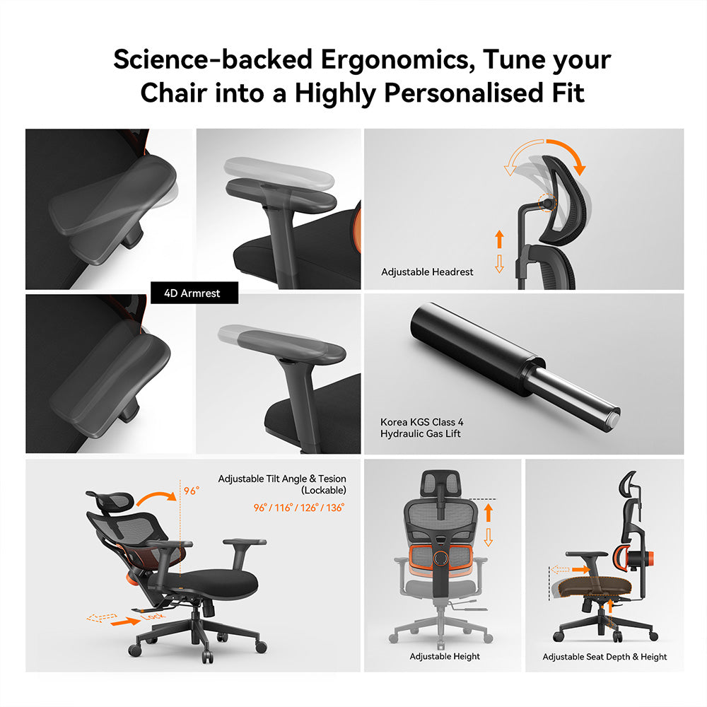 NEWTRAL NT001 Ergonomic Chair Adaptive Lower Back Support 3 Recline Angle Adjustable Backrest Armrest Headrest 5 Positions to Lock Nylon Base - Standard Version