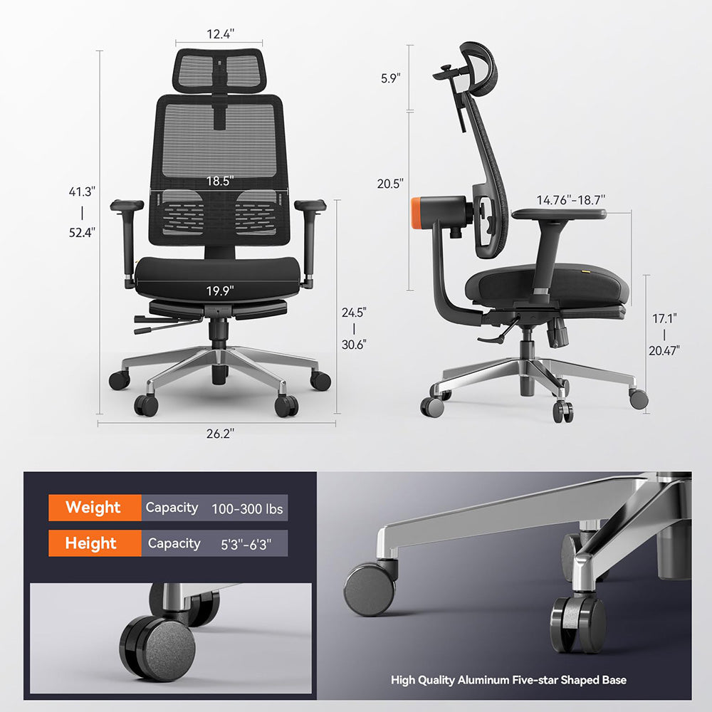 NEWTRAL MagicH-BPro Ergonomic Chair with Footrest, Auto-Following Backrest Headrest, Adaptive Lower Back Support, Adjustable Armrest, 4 Positions to Lock - Black